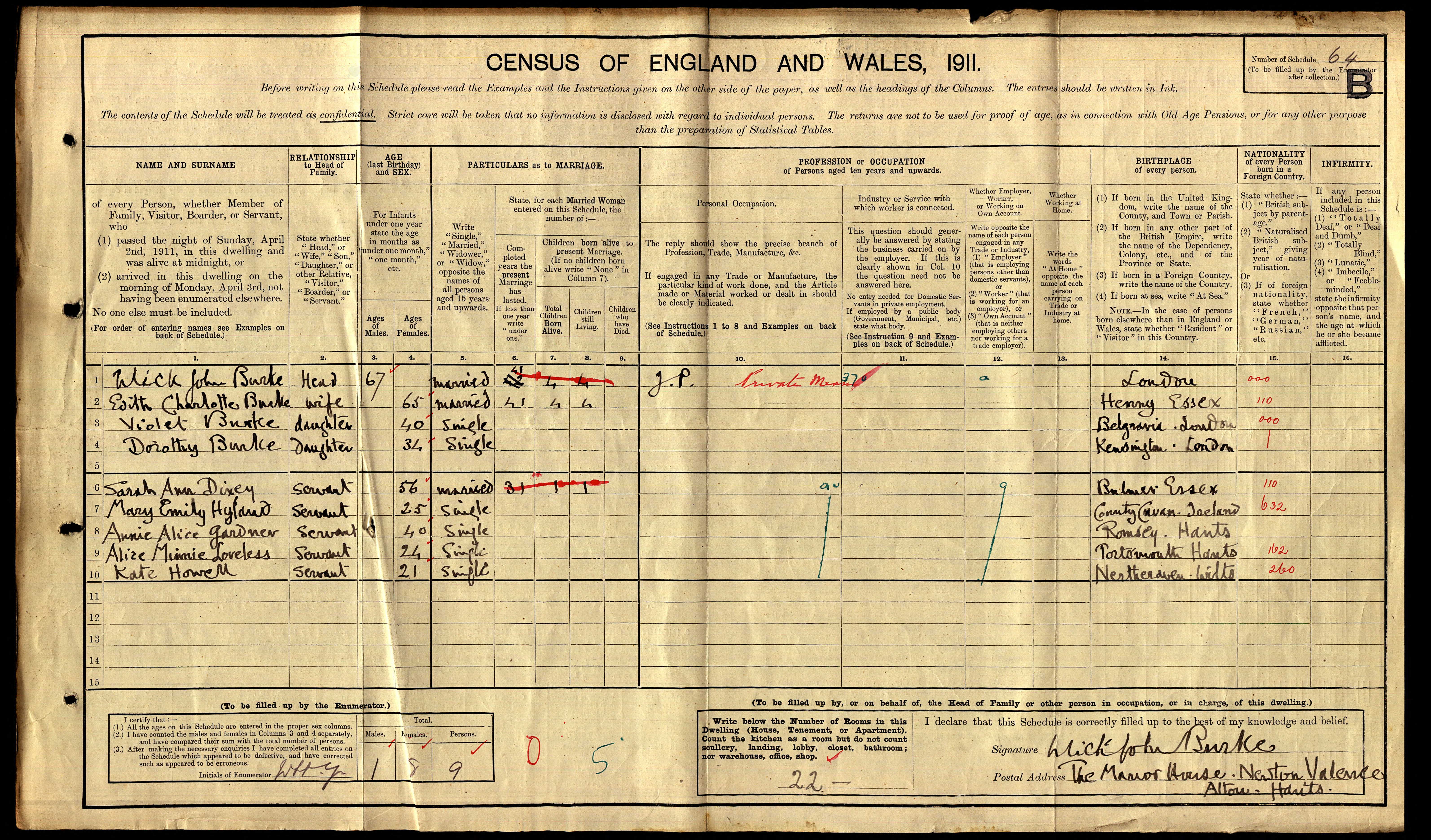 Ulick John Burke 1911 Census