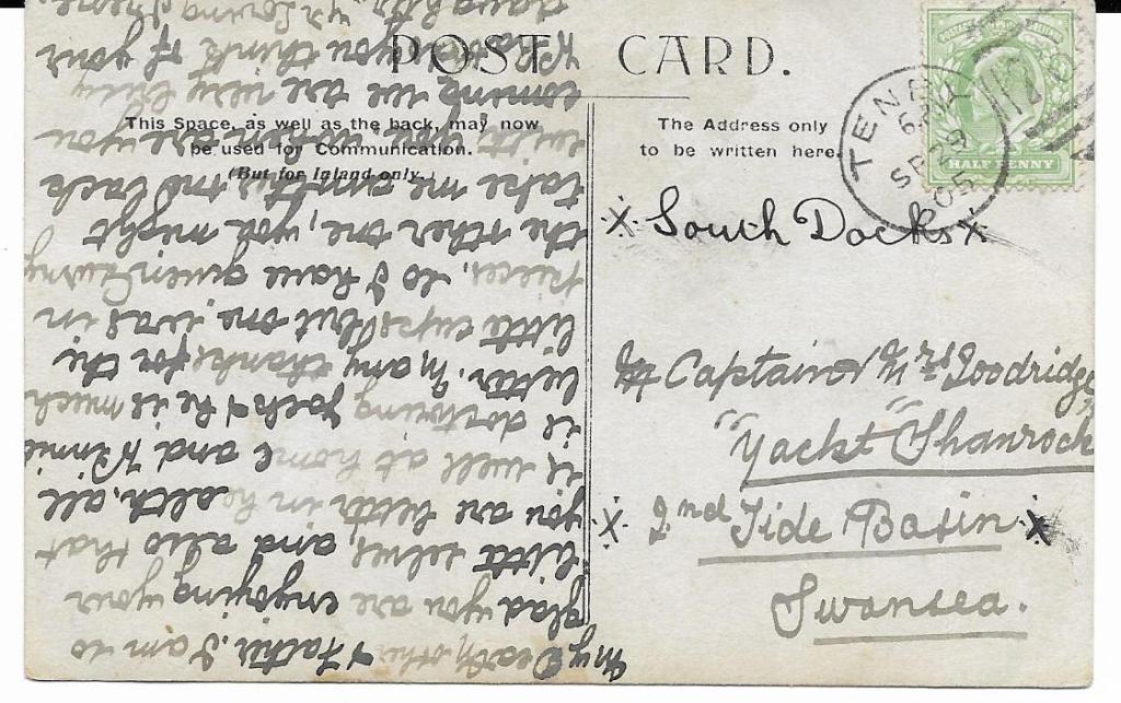 Posted to *South Docks* Captain & Mrs Goodridge, Yacht 'Shamrock', 2nd Tide Basin, Swansea.